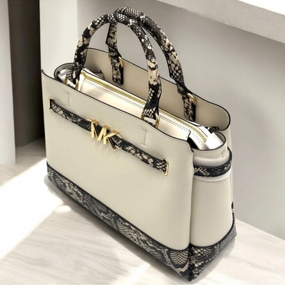 Michael Kors Large Reed CZ Belted Satchel Bag Light Cream Multi